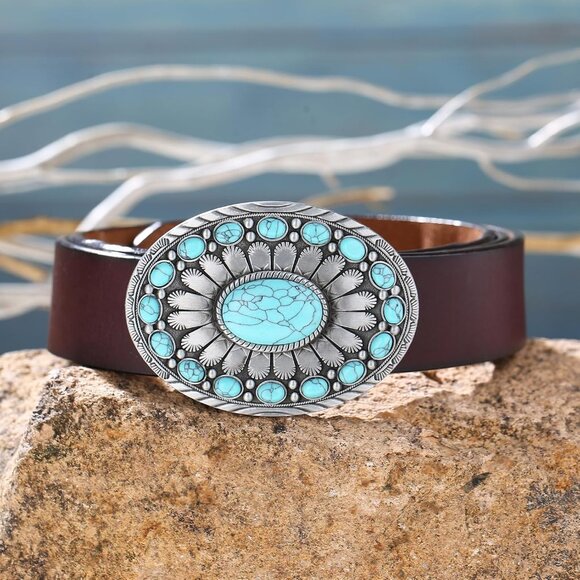 Men's White-Grey Vintage American Western Cowboy Turquoise Stone Belt Buckle - Picture 4 of 6